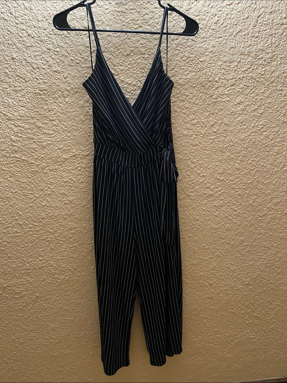 Women's Black Pinstripe Wrap Jumpsuit w/pockets